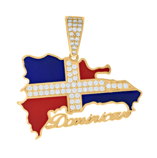 10K Yellow Gold Mens Cubic-Zirconia Enameled Dominican Republic Flag Charm Pendant