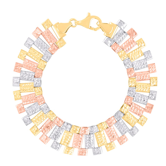 10K Tri-Color Gold Womens Diamond-Cut Fashion Link Bracelet Size 7.5 Inches