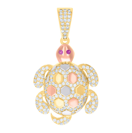 10K Tri-Color Gold Mens Purple White Cubic-Zirconia Turtle Animal Ocean Charm Pendant