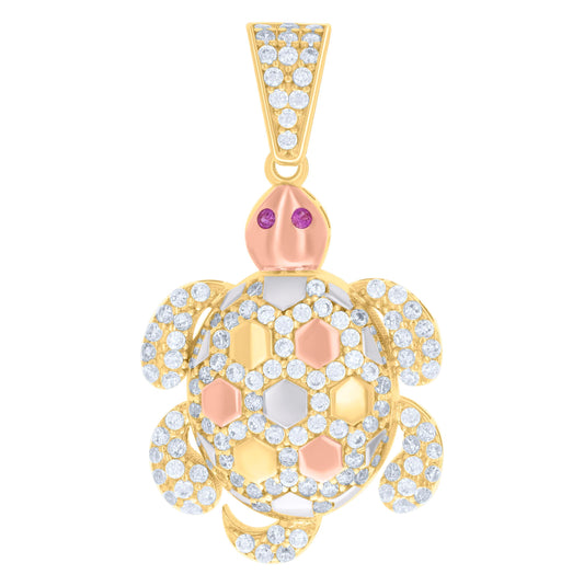 10K Tri-Color Gold Mens Purple White Cubic-Zirconia Turtle Animal Ocean Charm Pendant