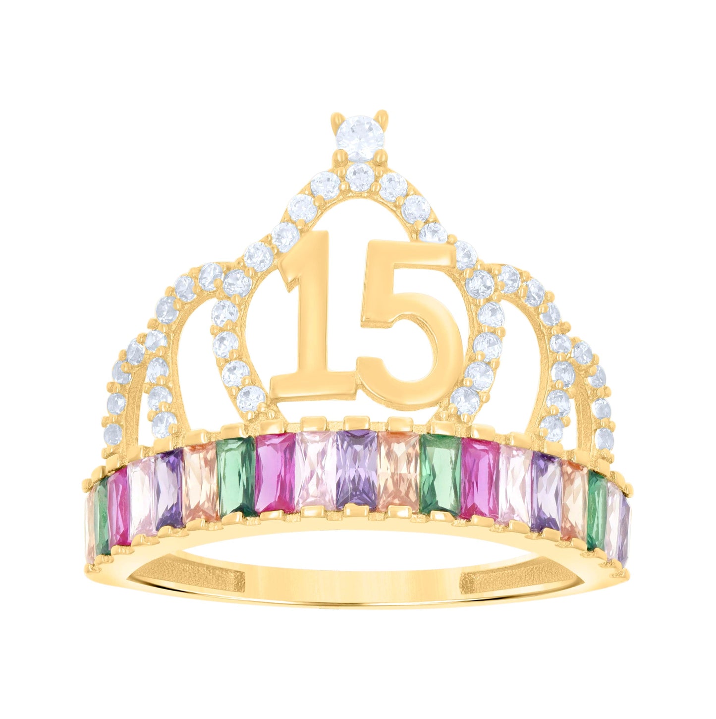 14K Yellow Gold Womens Multi-Color Baguette Round Cubic-Zirconia 15 Anos Quinceanera Ring