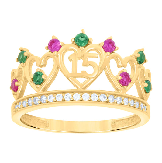 14K Yellow Gold Womens Multi-Color Cubic-Zirconia 15 Anos Quinceanera Ring