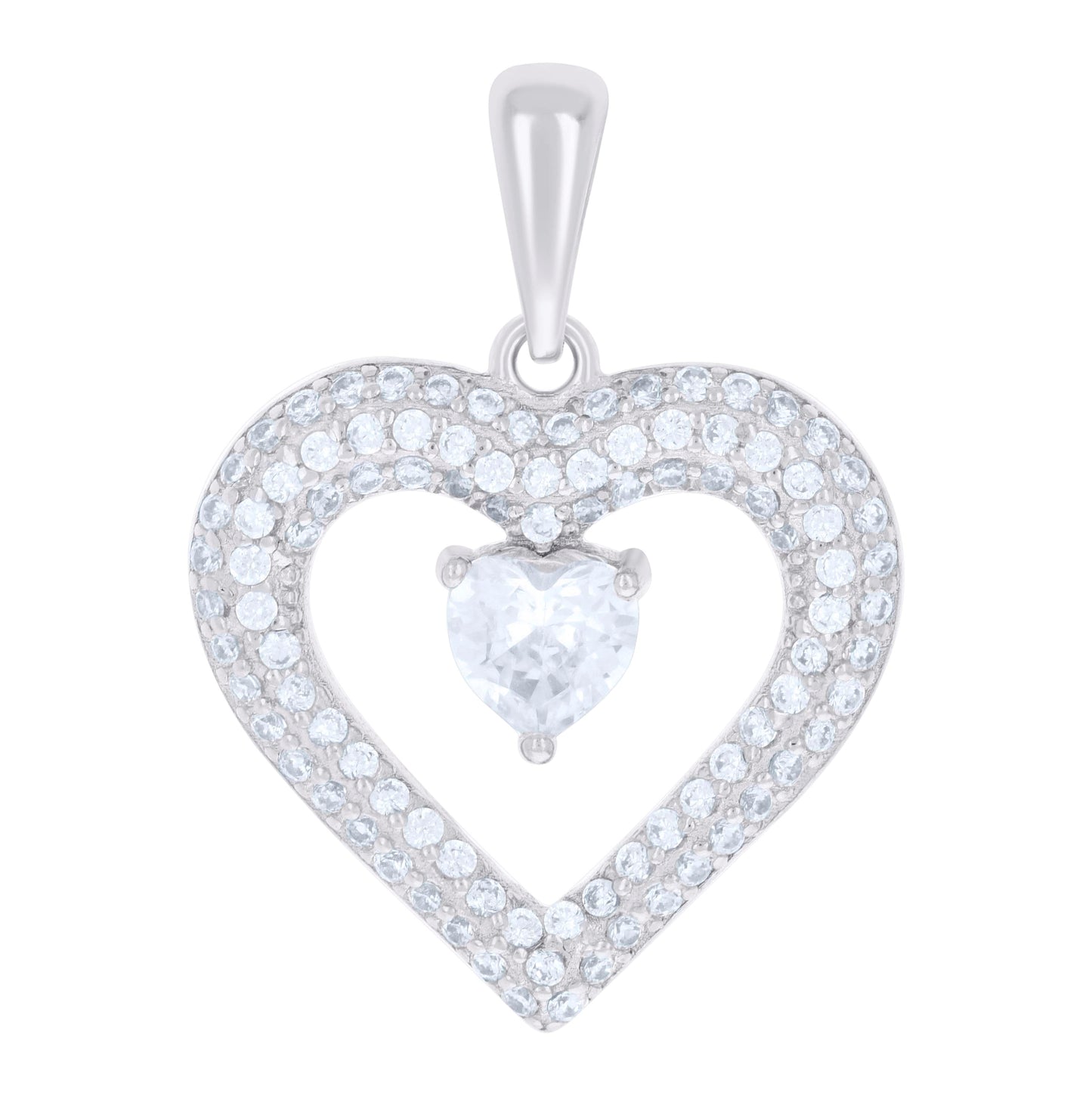 Sterling Silver Womens Heart Round Cubic-Zirconia Heart Charm Pendant