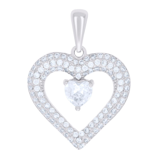 Sterling Silver Womens Heart Round Cubic-Zirconia Heart Charm Pendant