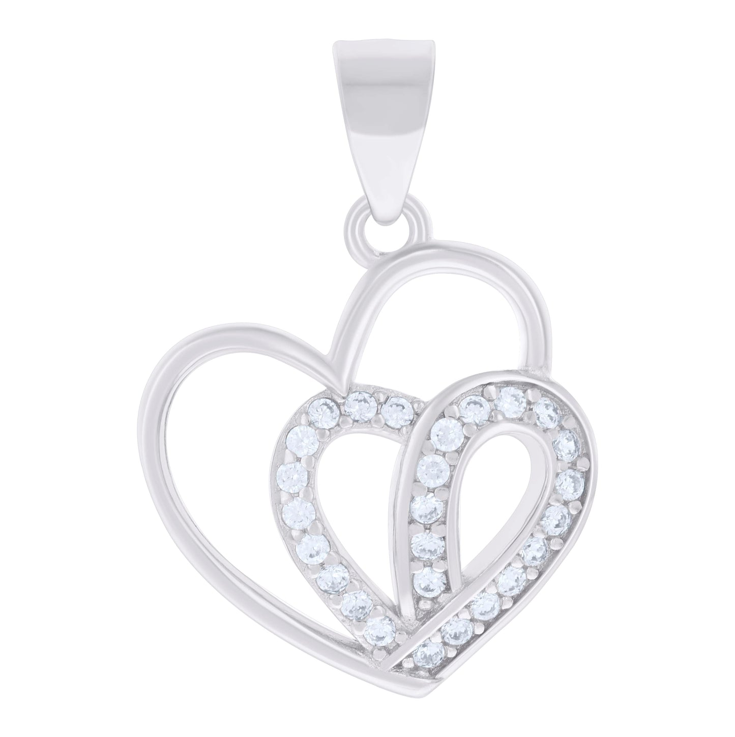 Sterling Silver Womens Cubic-Zirconia Double Heart Charm Pendant