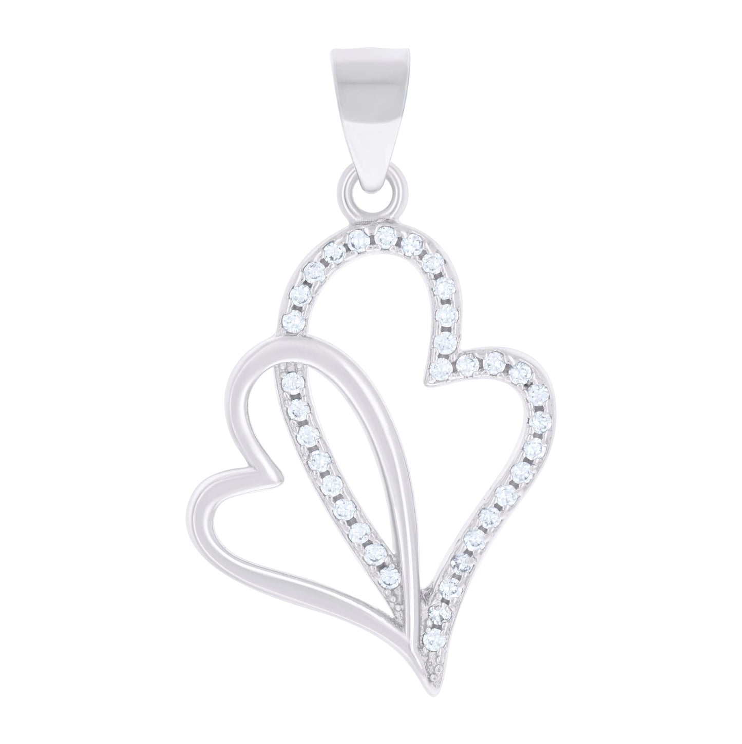 Sterling Silver Womens Cubic-Zirconia Double Heart Charm Pendant