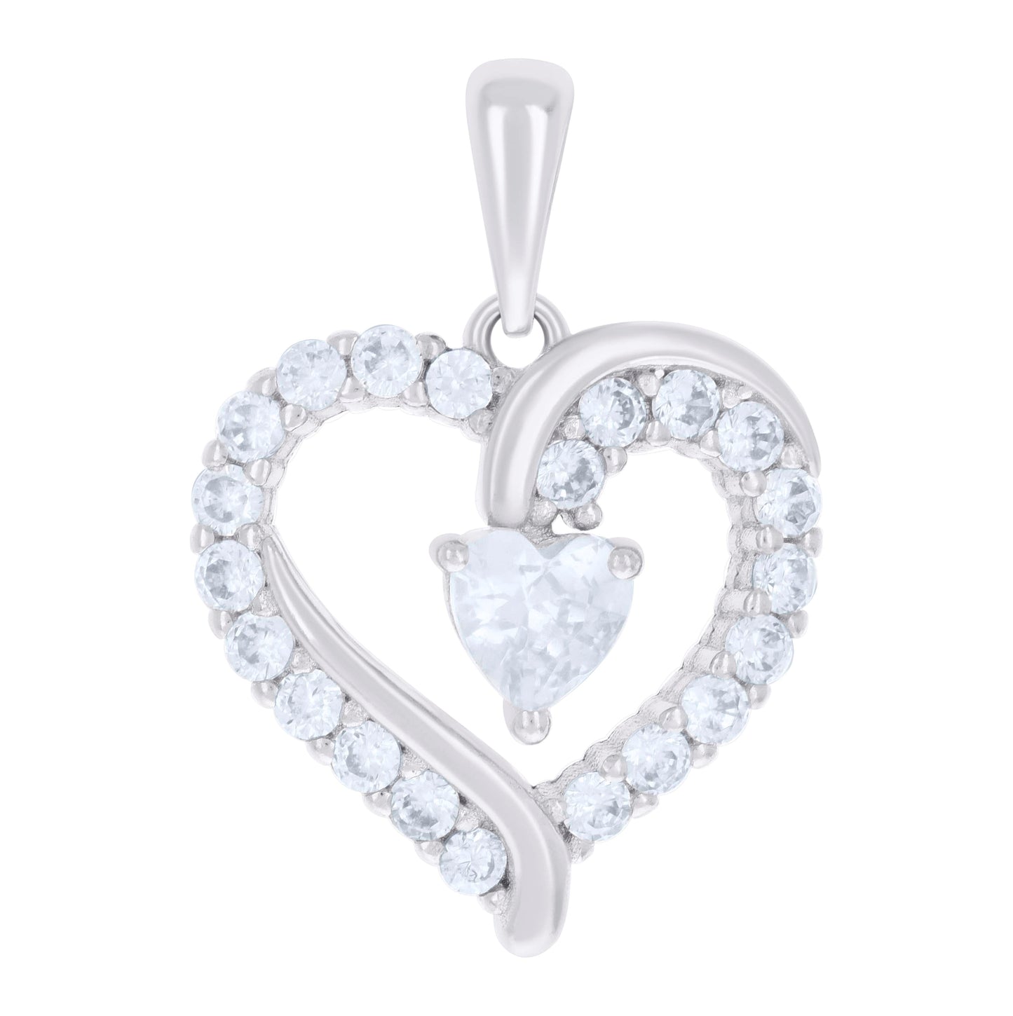 Sterling Silver Womens Heart Round Cubic-Zirconia Heart Charm Pendant