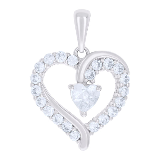 Sterling Silver Womens Heart Round Cubic-Zirconia Heart Charm Pendant