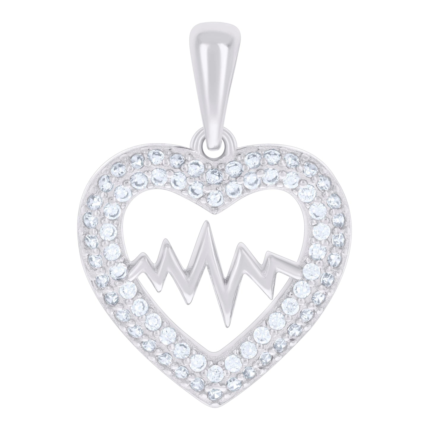Sterling Silver Womens Cubic-Zirconia Heartbeat Heart Charm Pendant