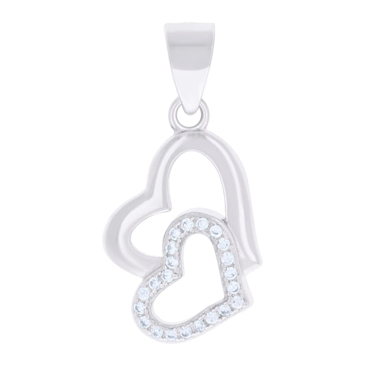 Sterling Silver Womens Cubic-Zirconia Double Heart Charm Pendant
