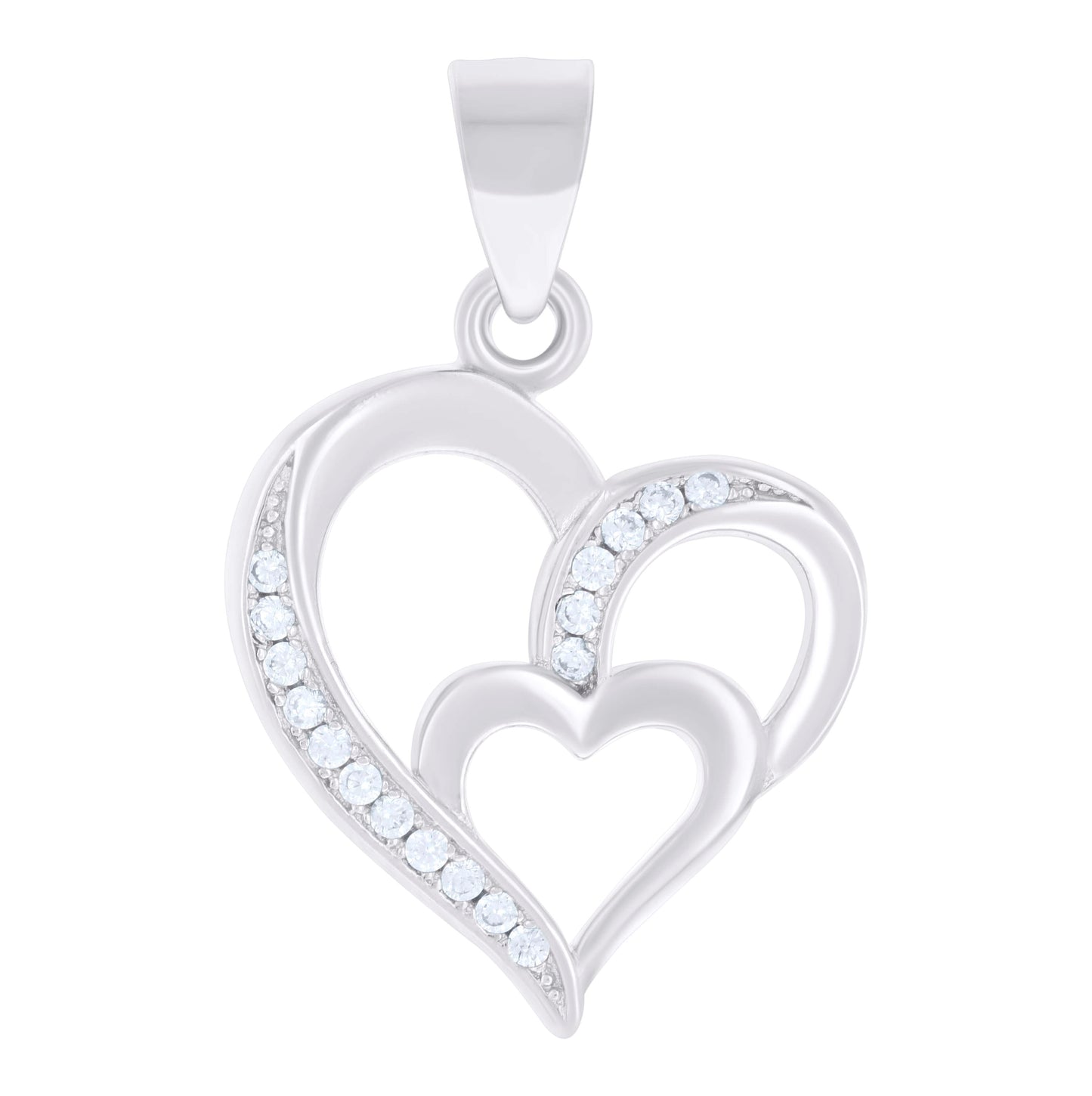 Sterling Silver Womens Cubic-Zirconia Double Heart Charm Pendant