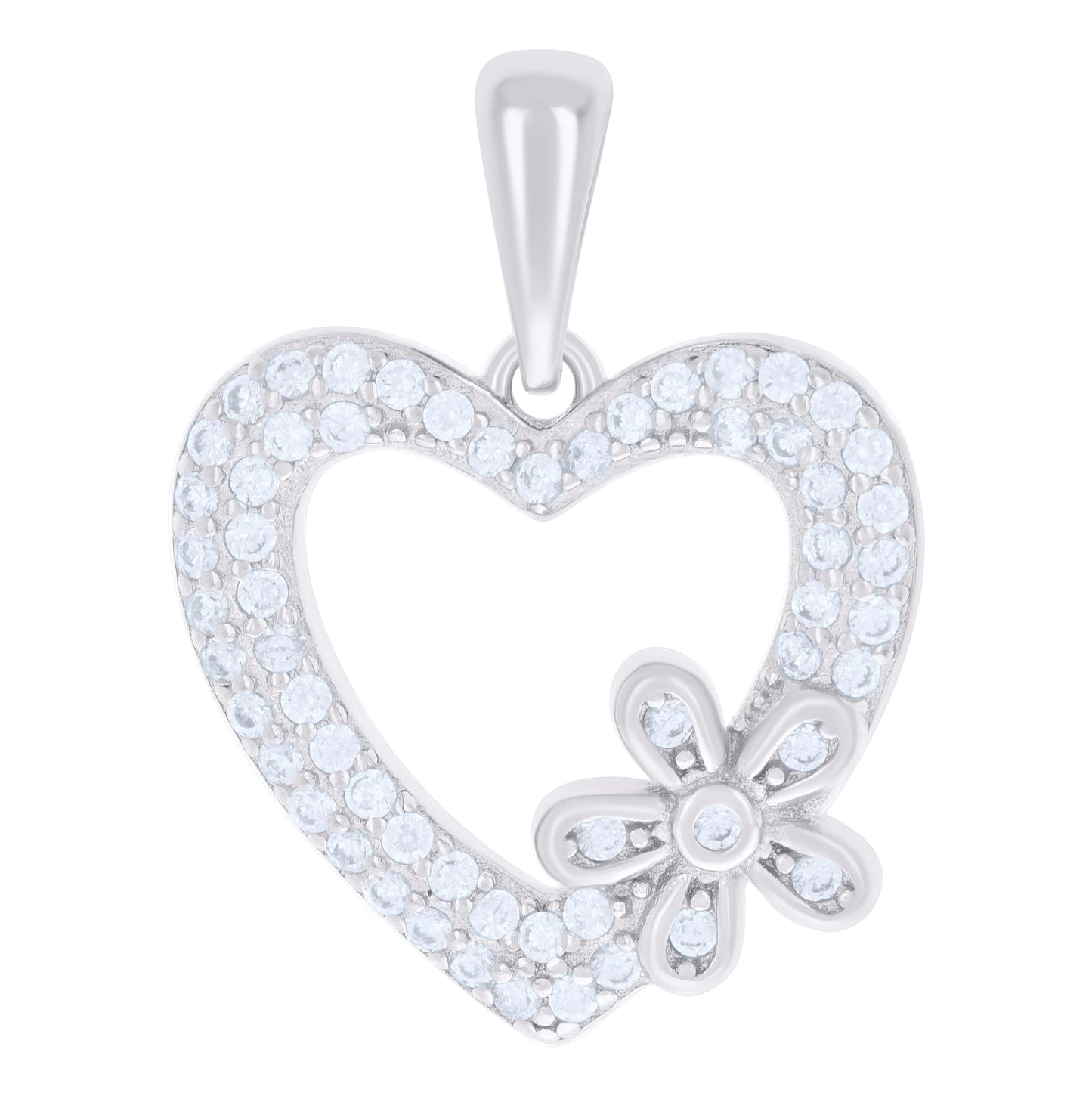 Sterling Silver Womens Cubic-Zirconia Flower Heart Charm Pendant