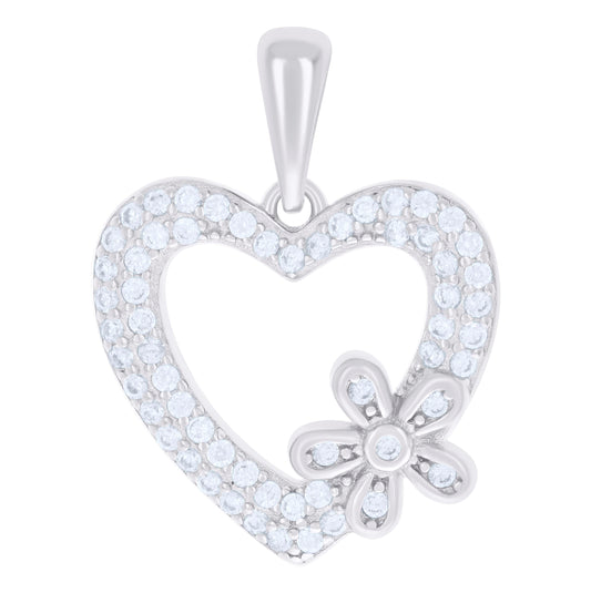 Sterling Silver Womens Cubic-Zirconia Flower Heart Charm Pendant