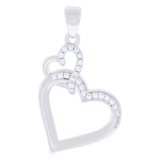 Sterling Silver Womens Cubic-Zirconia Double Heart Charm Pendant