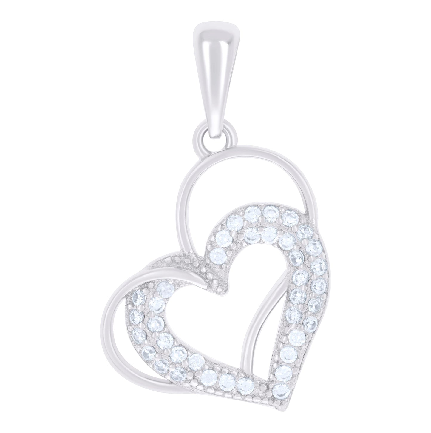Sterling Silver Womens Cubic-Zirconia Double Heart Charm Pendant