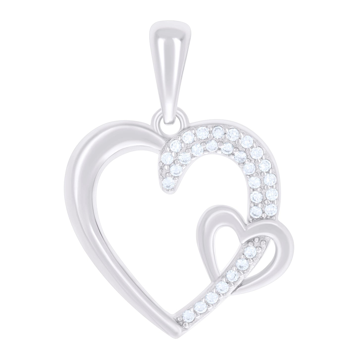 Sterling Silver Womens Cubic-Zirconia Double Heart Charm Pendant