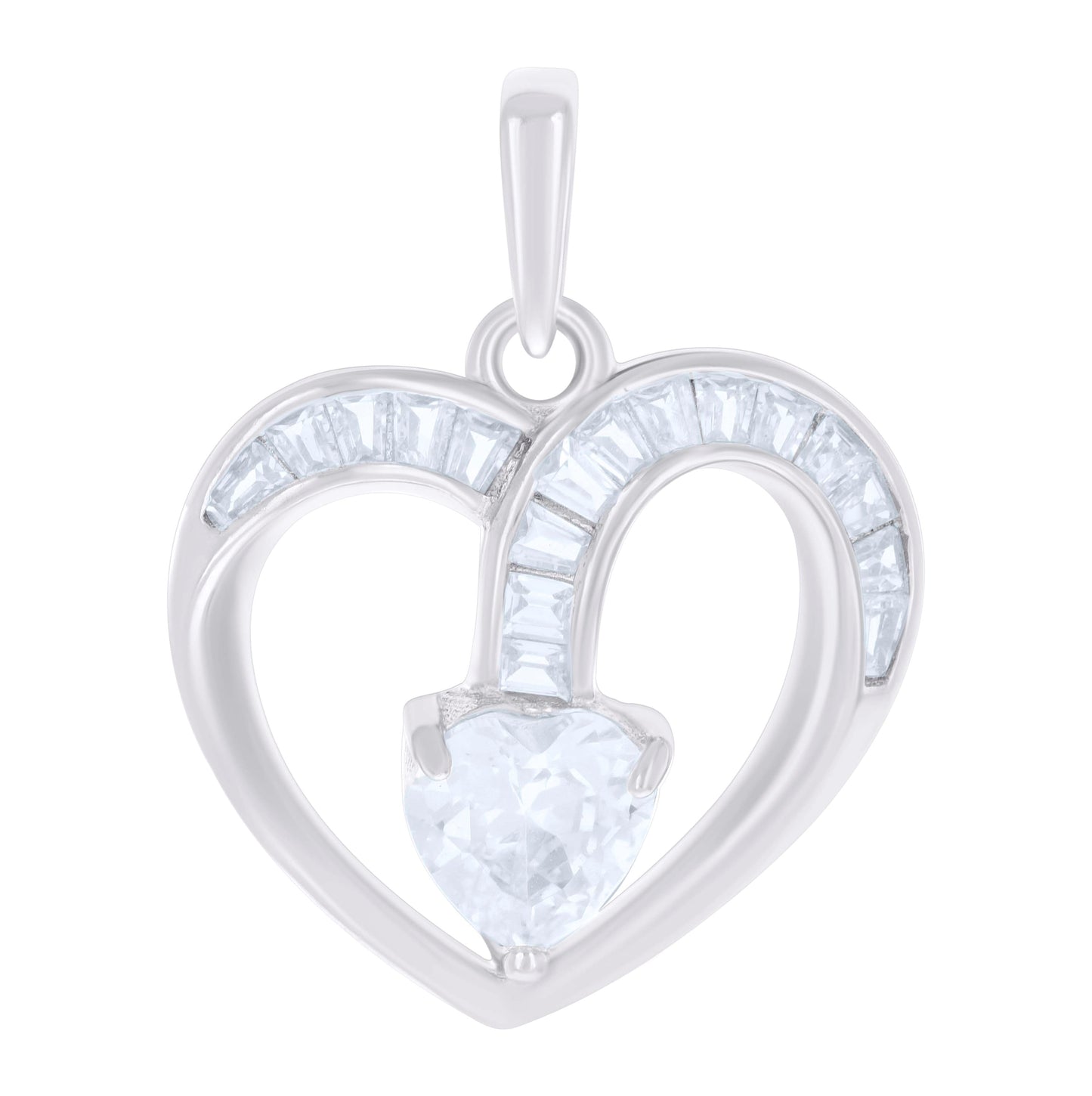 Sterling Silver Womens Baguette Heart Cubic-Zirconia Heart Charm Pendant