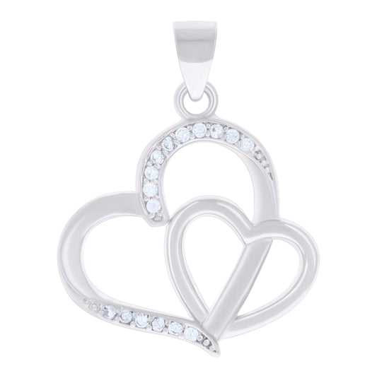 Sterling Silver Womens Cubic-Zirconia Double Heart Charm Pendant
