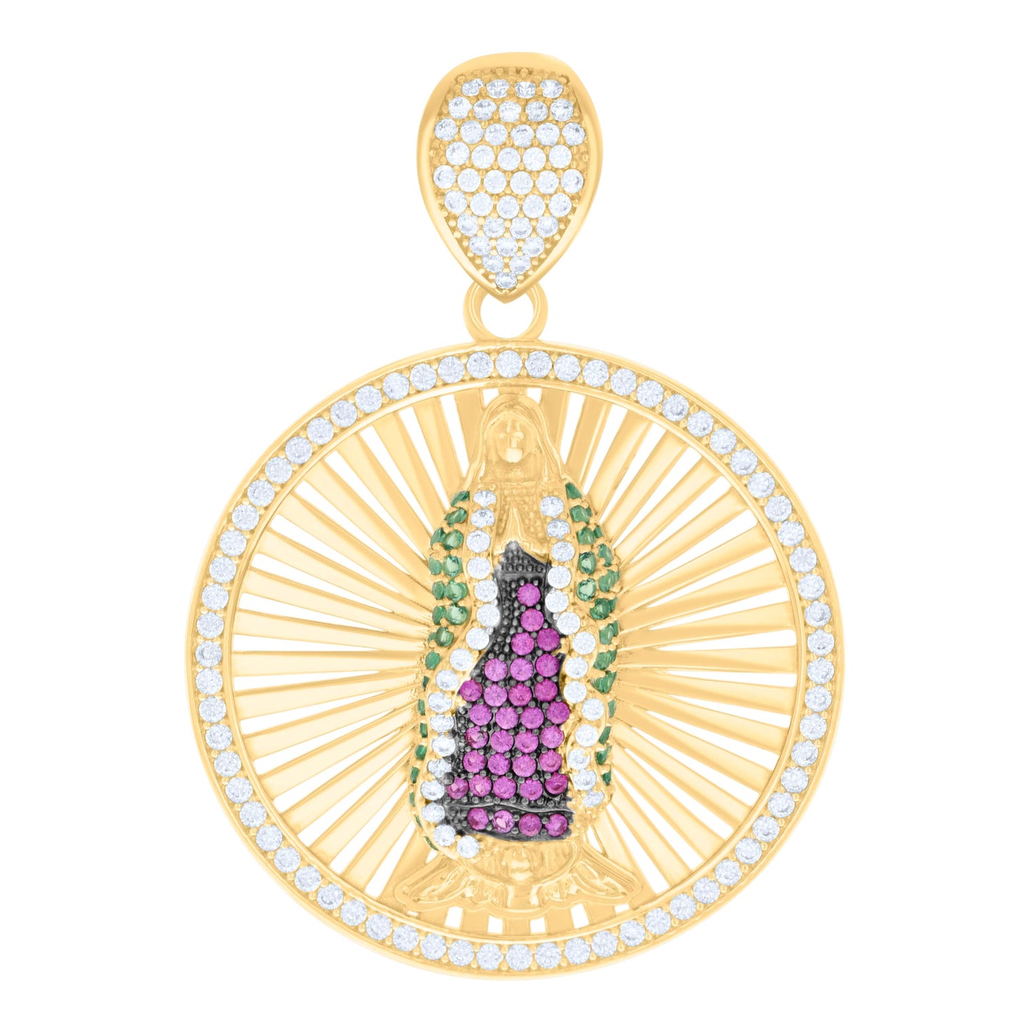 10K Yellow Gold Black-tone Mens Green/Purple White Cubic-Zirconia Guadalupe Religious Charm Pendant