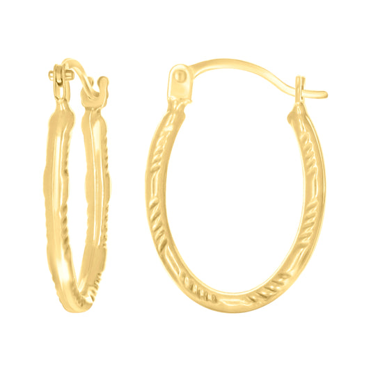 14K Yellow Gold Womens Patterned Oval Hoop Earrings