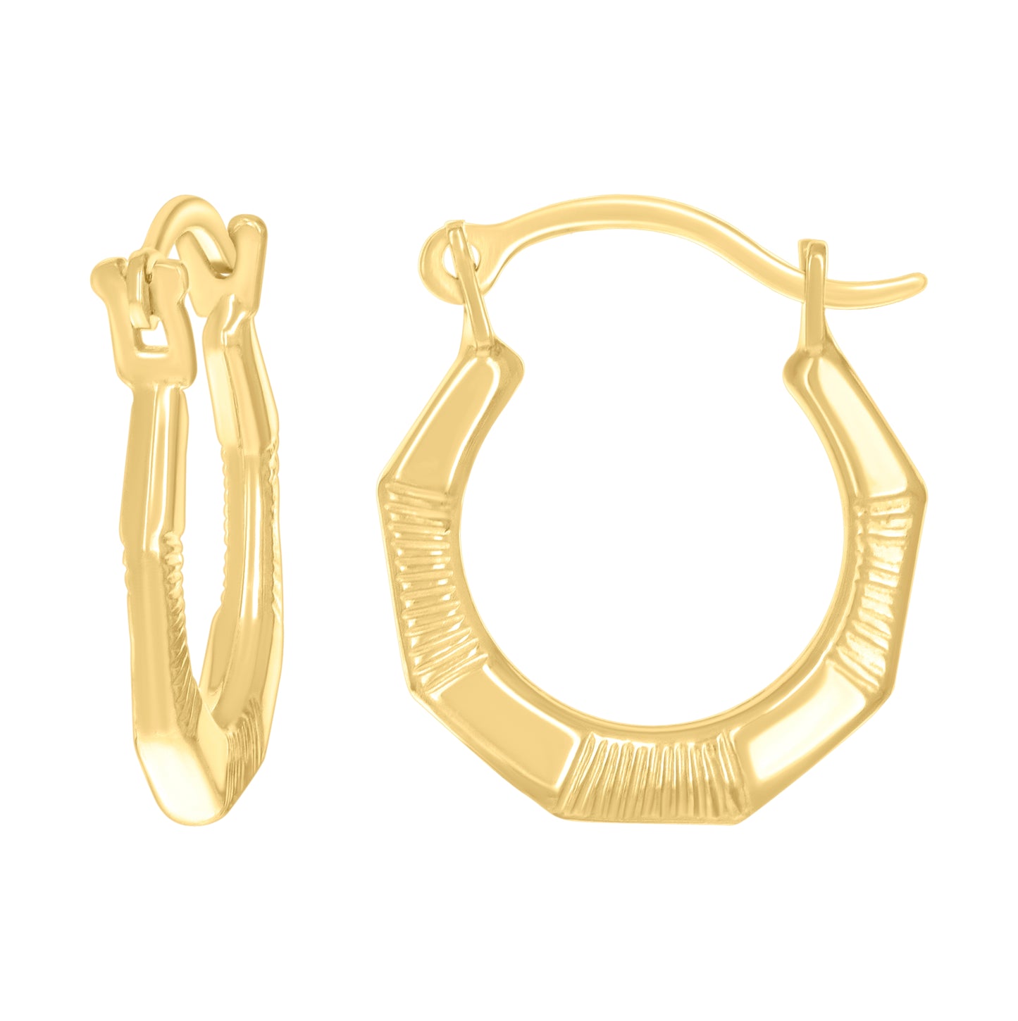 14K Yellow Gold Womens Patterned Octagon Hoop Earrings