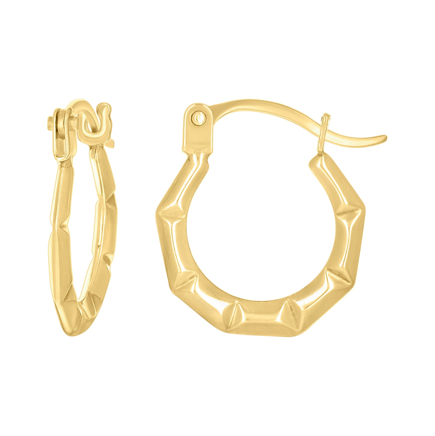 14K Yellow Gold Womens Patterned Octagon Hoop Earrings