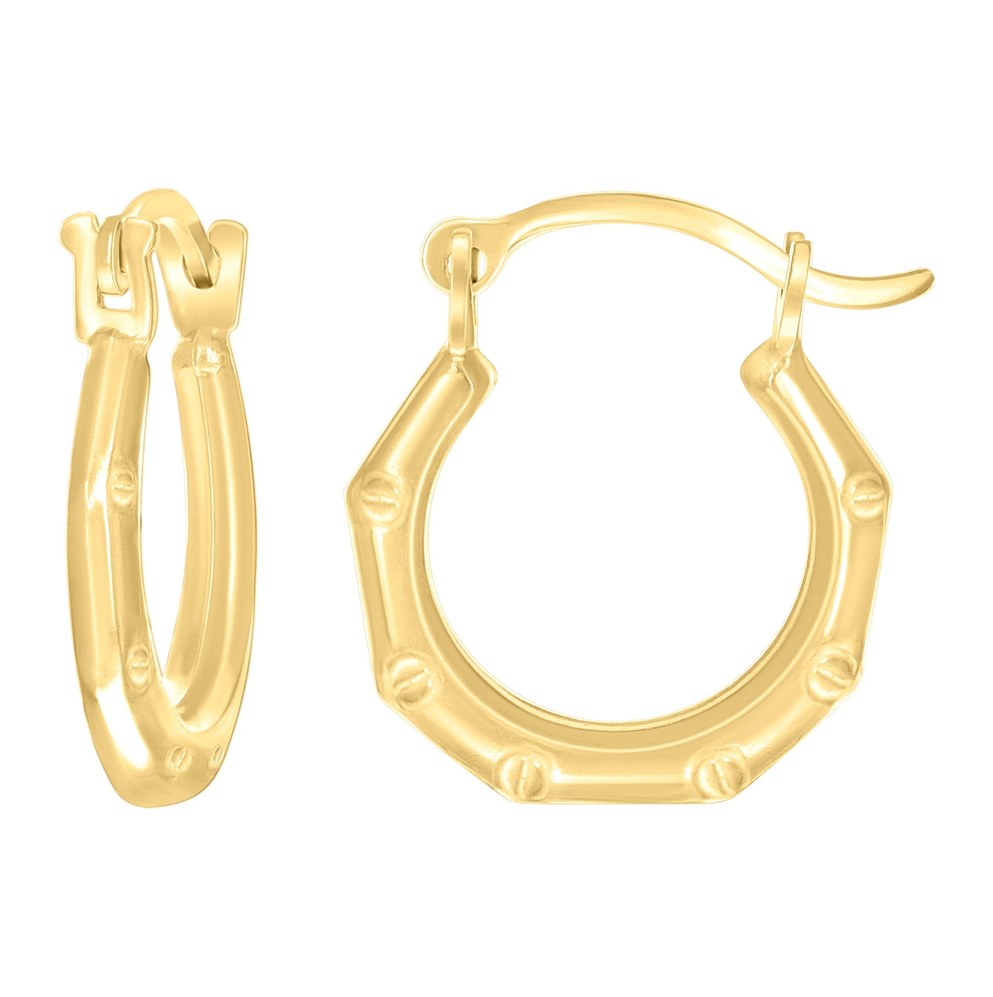 14K Yellow Gold Womens Patterned Octagon Hoop Earrings