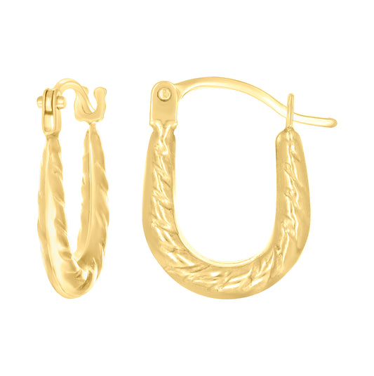 14K Yellow Gold Womens Patterned U-Shaped Fashion Hoop Earrings