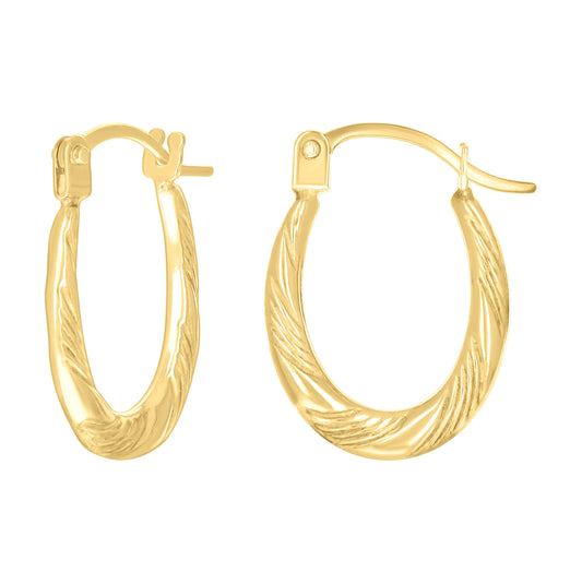 14K Yellow Gold Womens Patterned Oval Hoop Earrings