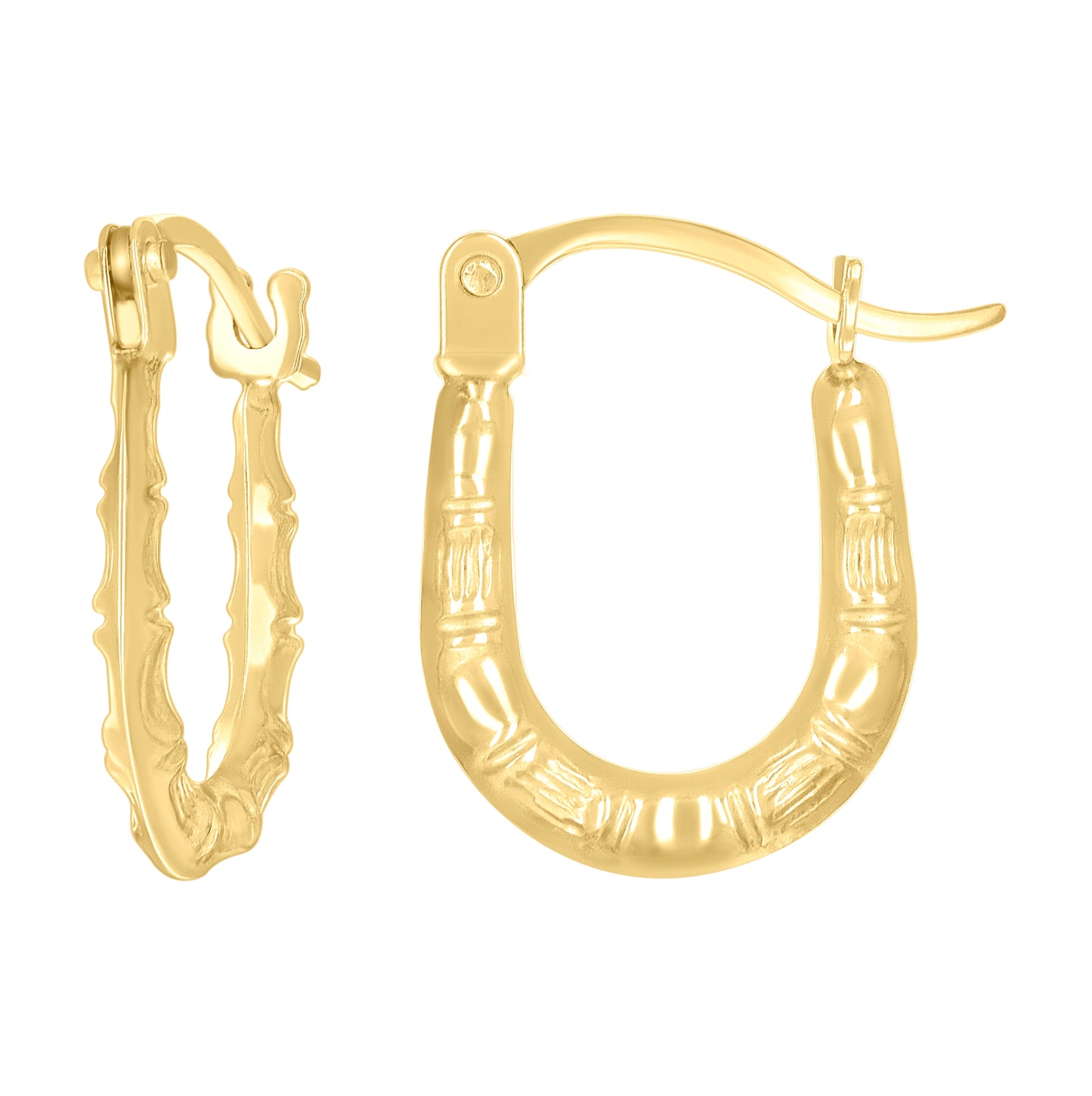14K Yellow Gold Womens Patterned U-Shaped Fashion Hoop Earrings