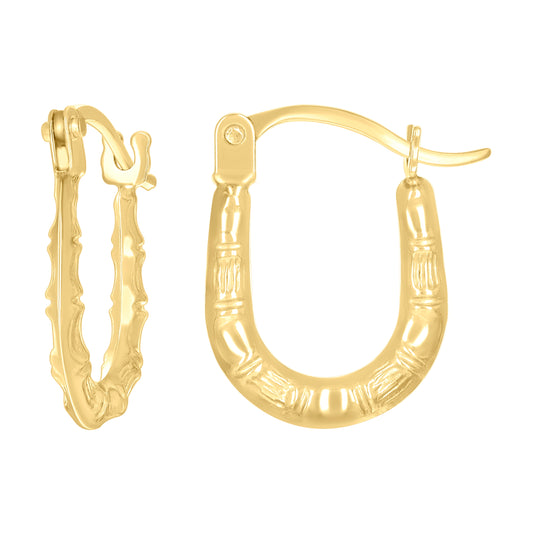 14K Yellow Gold Womens Patterned U-Shaped Fashion Hoop Earrings