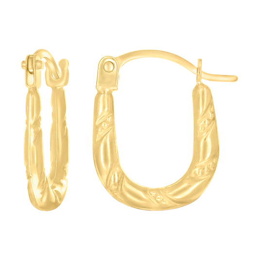 14K Yellow Gold Womens Patterned U-Shaped Fashion Hoop Earrings