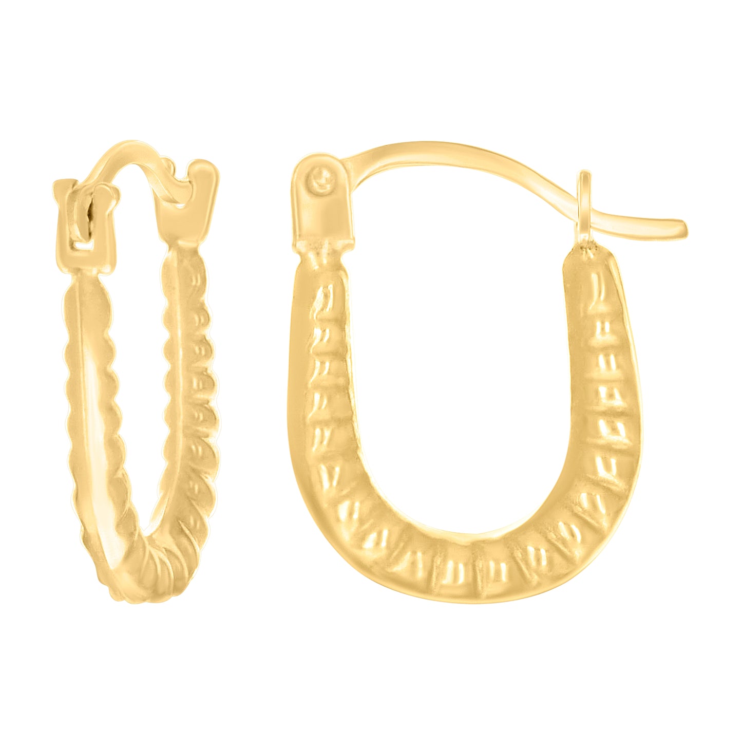 14K Yellow Gold Womens Patterned U-Shaped Fashion Hoop Earrings