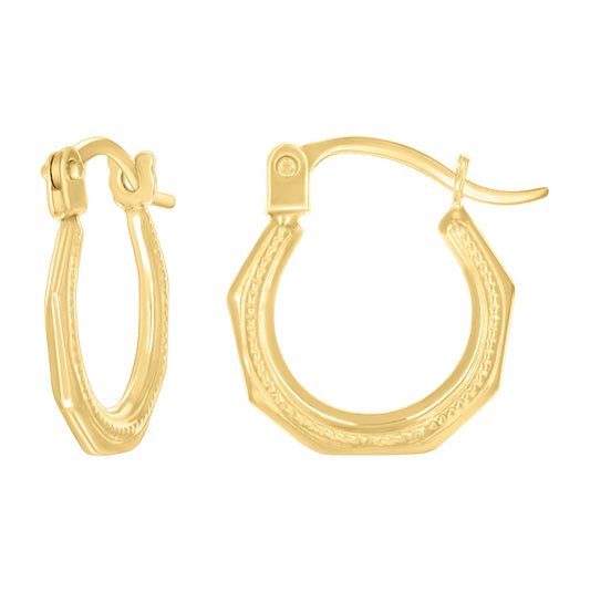 14K Yellow Gold Womens Patterned Octagon Hoop Earrings