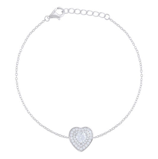 Sterling Silver Womens Heart Round Cubic-Zirconia Heart Charm Bracelet