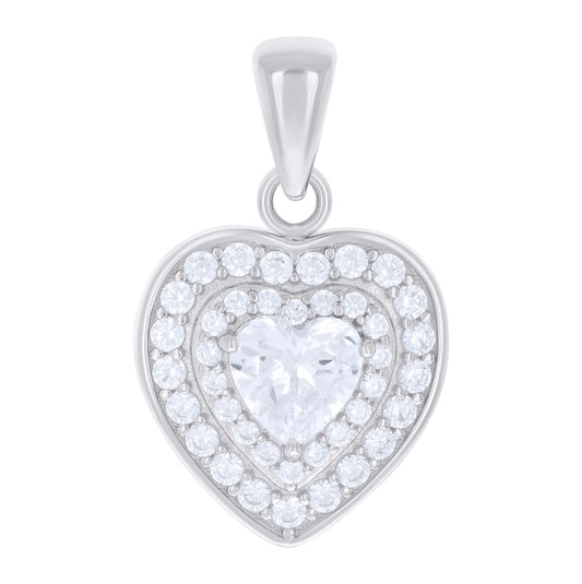 Sterling Silver Womens Heart Round Cubic-Zirconia Heart Charm Pendant