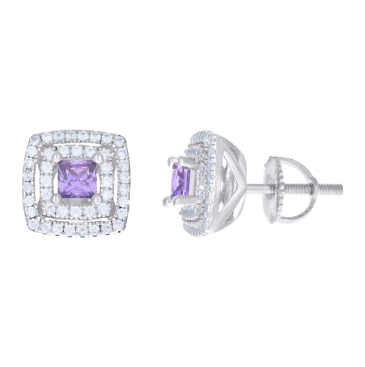 Sterling Silver Womens Cubic Zirconia Halo Square Stud Earrings