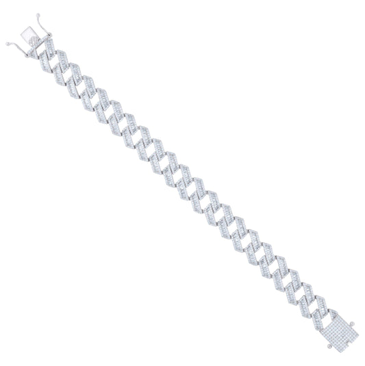 Sterling Silver Mens Baguette Round Cubic-Zirconia Fashion Link Bracelet