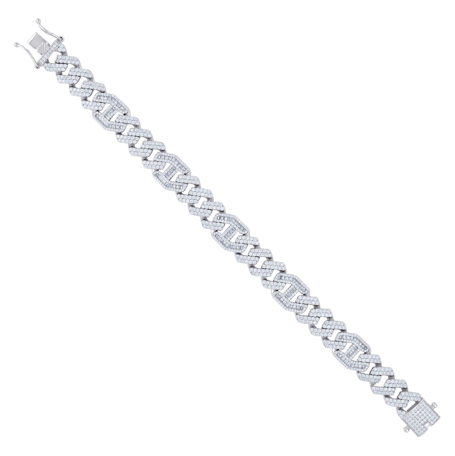 Sterling Silver Mens Baguette Round Cubic-Zirconia Fashion Link Bracelet
