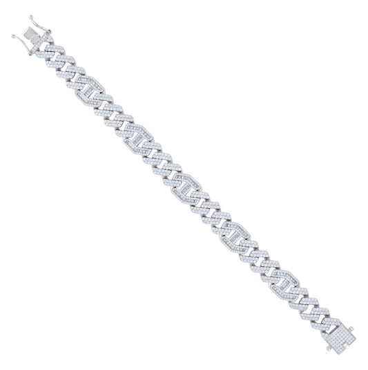 Sterling Silver Mens Baguette Round Cubic-Zirconia Fashion Link Bracelet