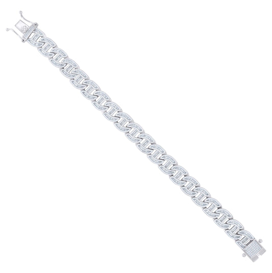 Sterling Silver Mens Baguette Round Cubic-Zirconia Fashion Link Bracelet