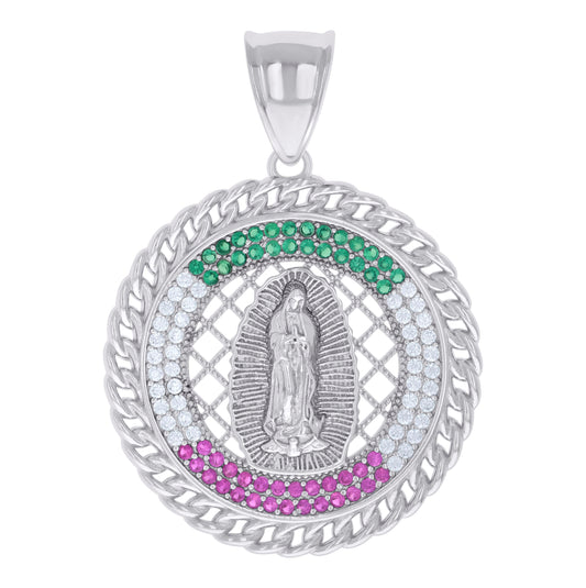 Sterling Silver Womens Pink/Green White Cubic-Zirconia Guadalupe Religious Charm Pendant