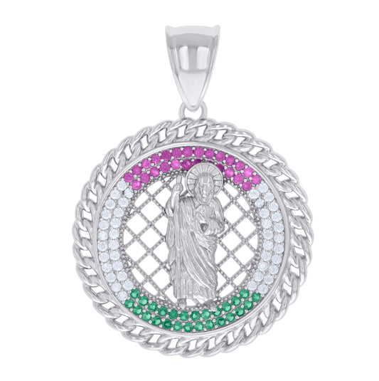 Sterling Silver Mens Pink/Green White Cubic-Zirconia St. Jude Religious Charm Pendant