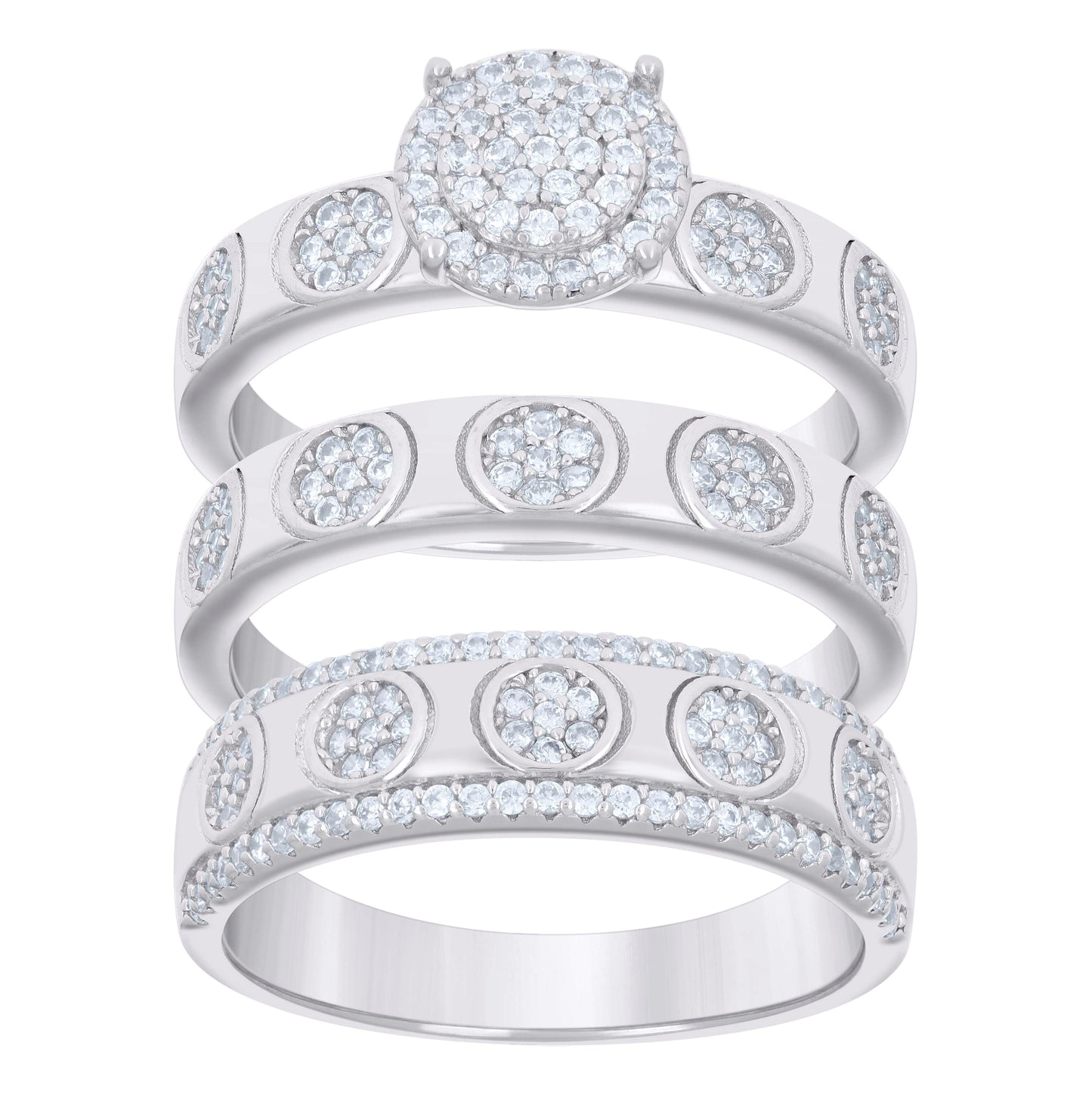 Sterling Silver Cubic-Zirconia Trio Bridal Anniversary Wedding Engagement Band Ring Set