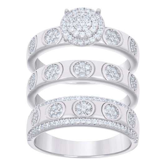 Sterling Silver Cubic-Zirconia Trio Bridal Anniversary Wedding Engagement Band Ring Set