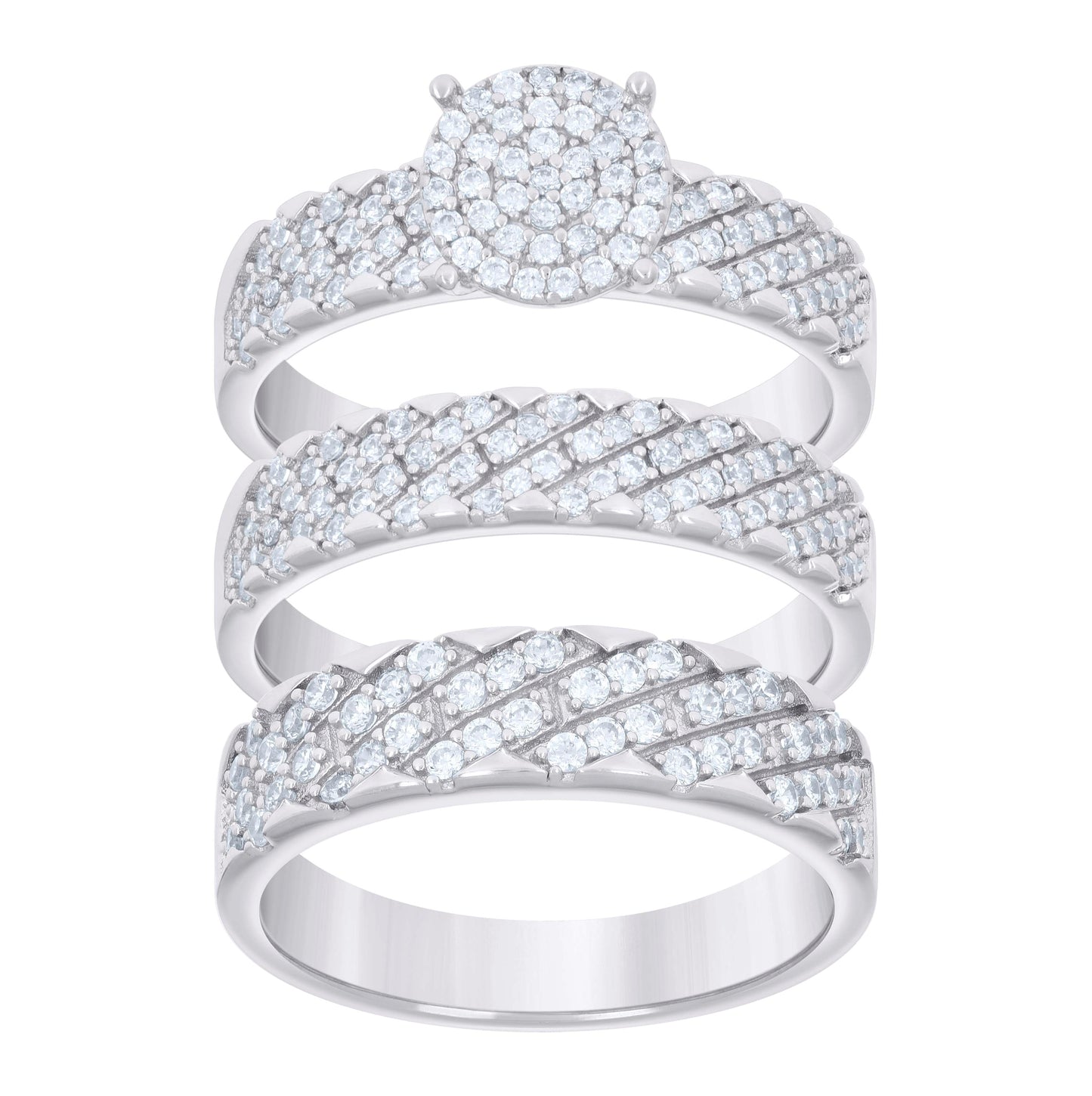 Sterling Silver Cubic-Zirconia Trio Bridal Anniversary Wedding Engagement Band Ring Set