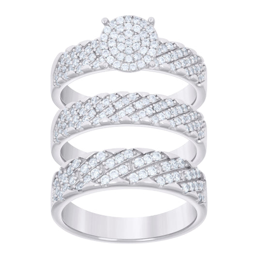 Sterling Silver Cubic-Zirconia Trio Bridal Anniversary Wedding Engagement Band Ring Set