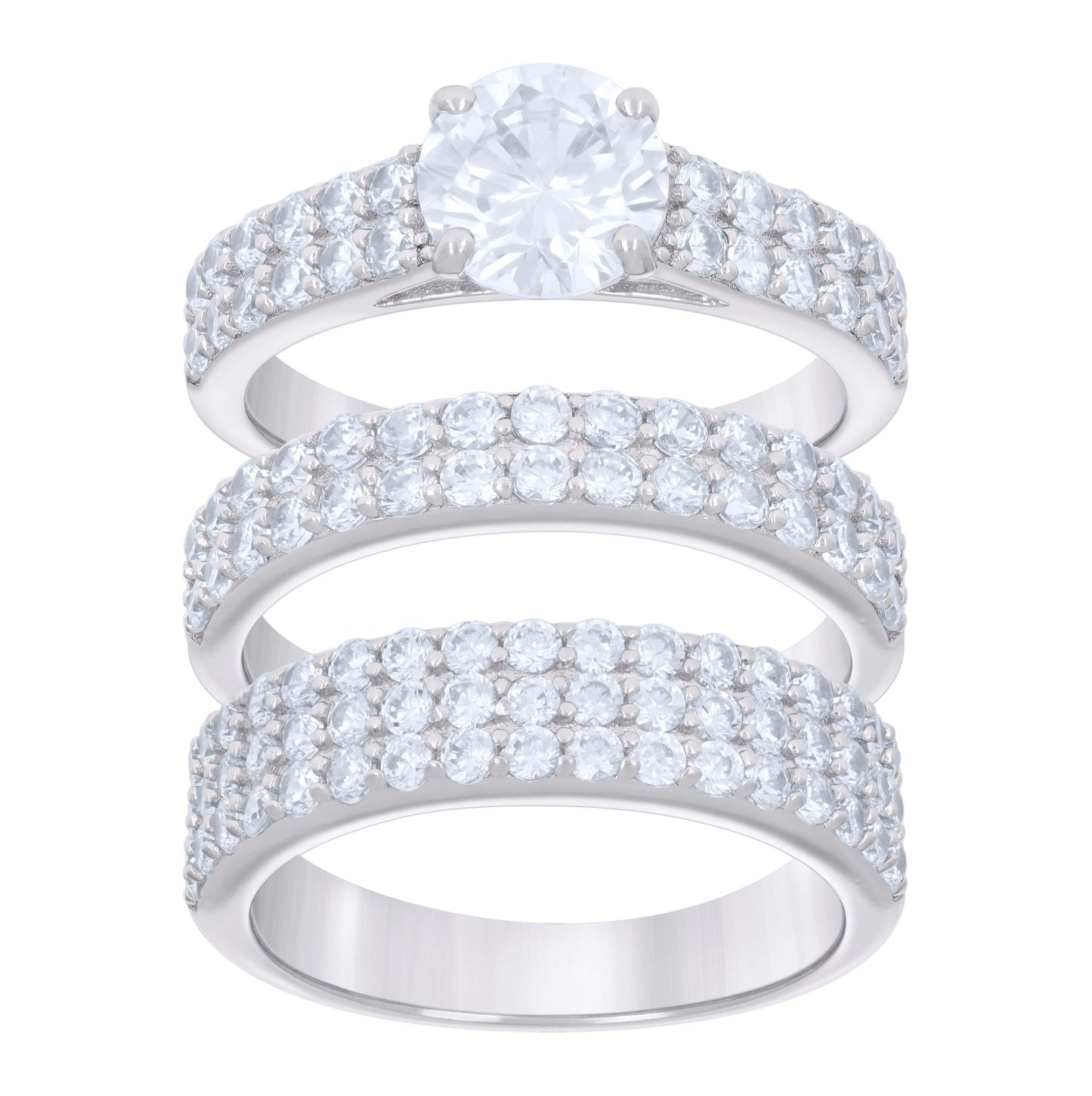 Sterling Silver Cubic-Zirconia Trio Bridal Anniversary Wedding Engagement Band Ring Set