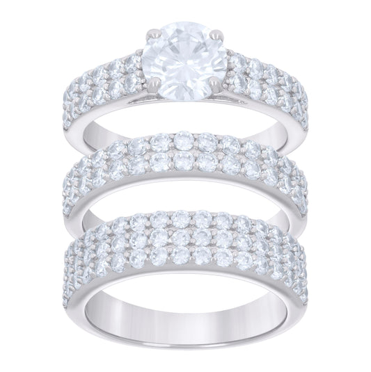 Sterling Silver Cubic-Zirconia Trio Bridal Anniversary Wedding Engagement Band Ring Set