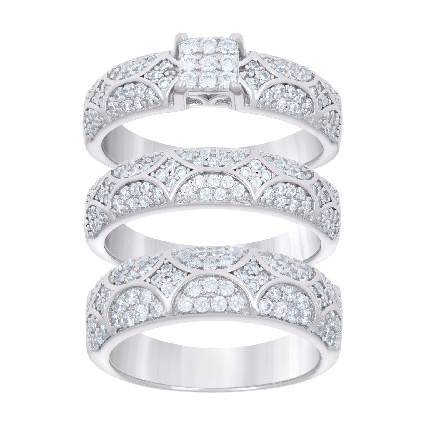 Sterling Silver Cubic-Zirconia Trio Bridal Anniversary Wedding Engagement Band Ring Set